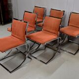 Suite de 6 chaises en métal chromé et feutrine brique 1970