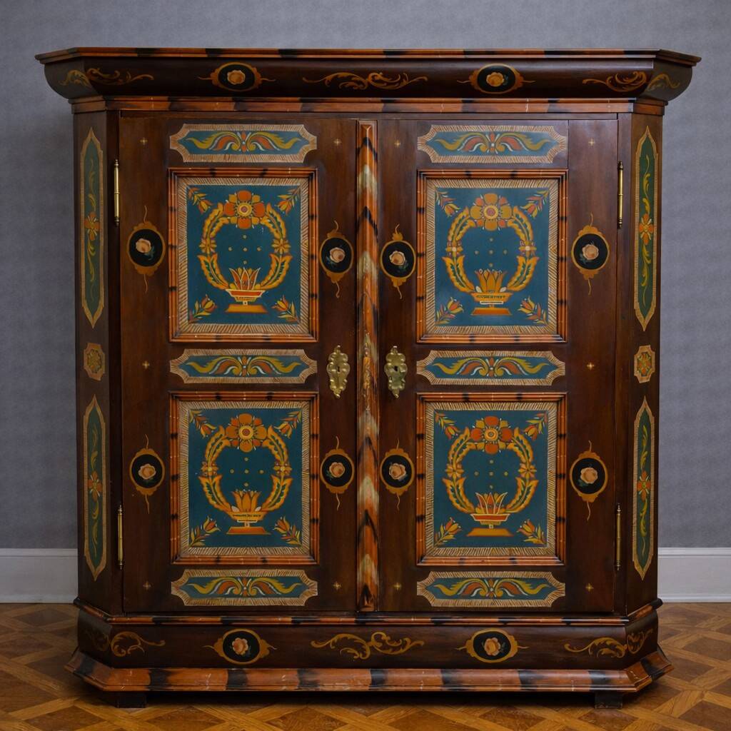 Armoire Alsacienne à décor floral peint polychrome – style Louis XIV – XIXème s.