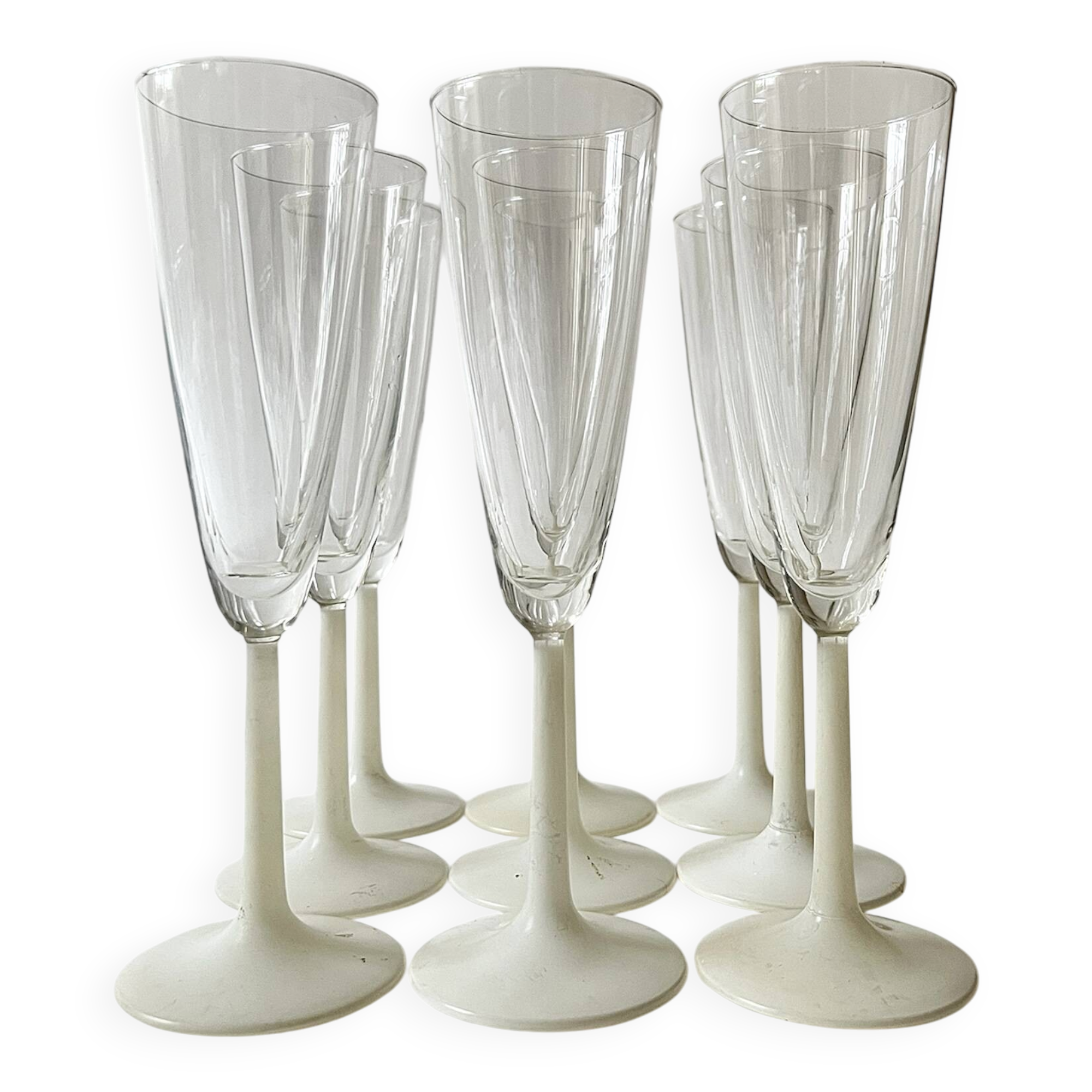 Set of 9 champagne glasses in glass and frosted opaline glass, France 1970