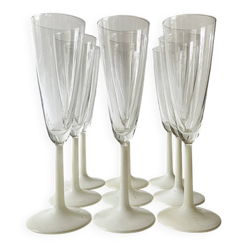 Set of 9 champagne glasses in glass and frosted opaline glass, France 1970