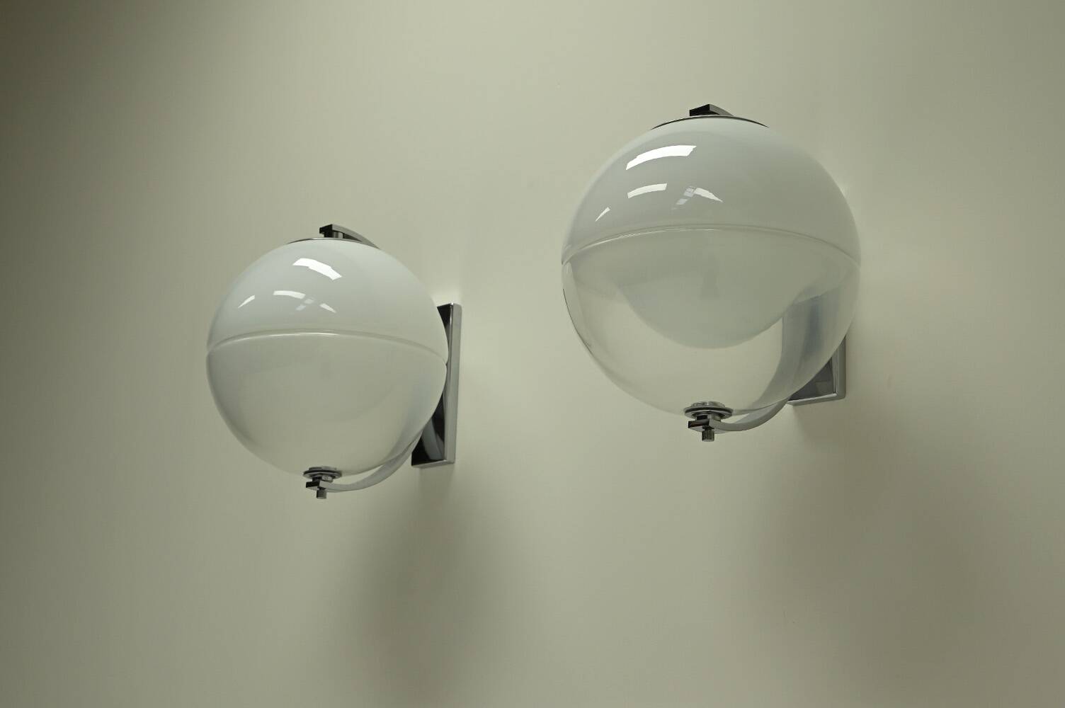 Set of 2 rare large globe wall lamps, 1960s Italy.