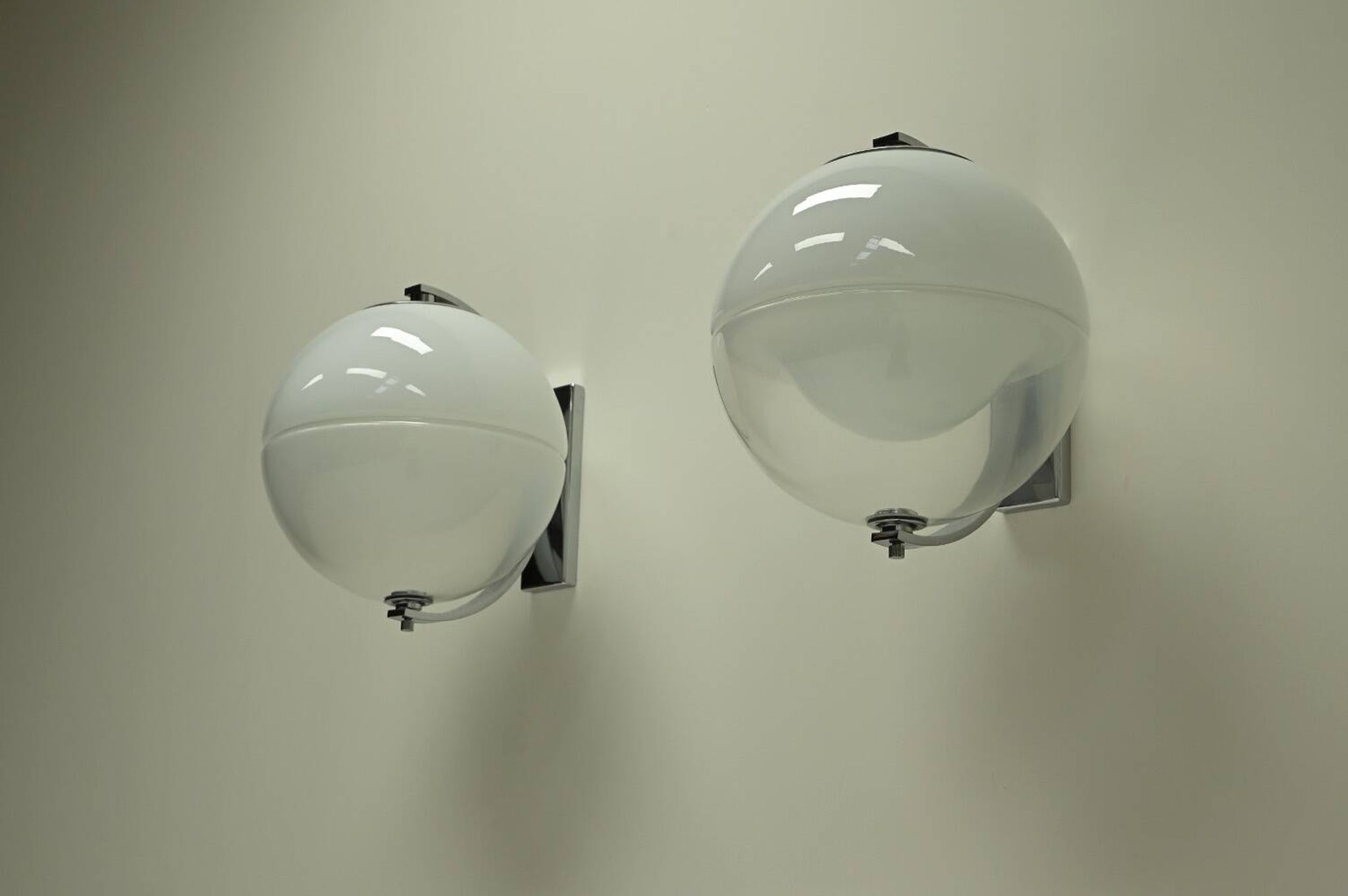 Set of 2 rare large globe wall lamps, 1960s Italy.