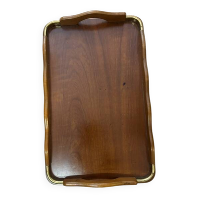 Grand plateau de service rectangulaire en bois et laiton annees 60