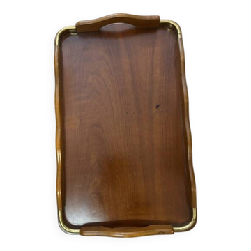Grand rectangular serving platter in wood and brass from the 1960s