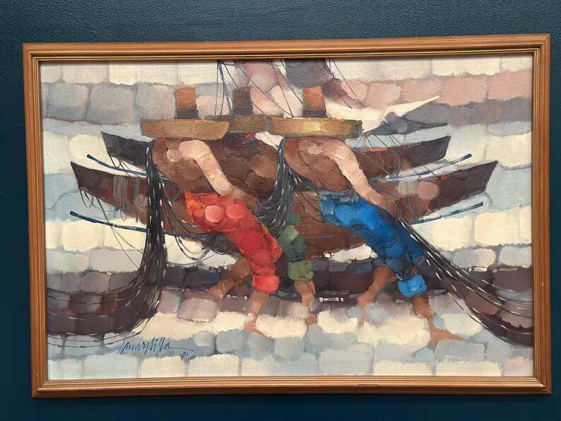 Swedish Oil on Panel"Fishermen" by Marylilla , Vintage and Framed