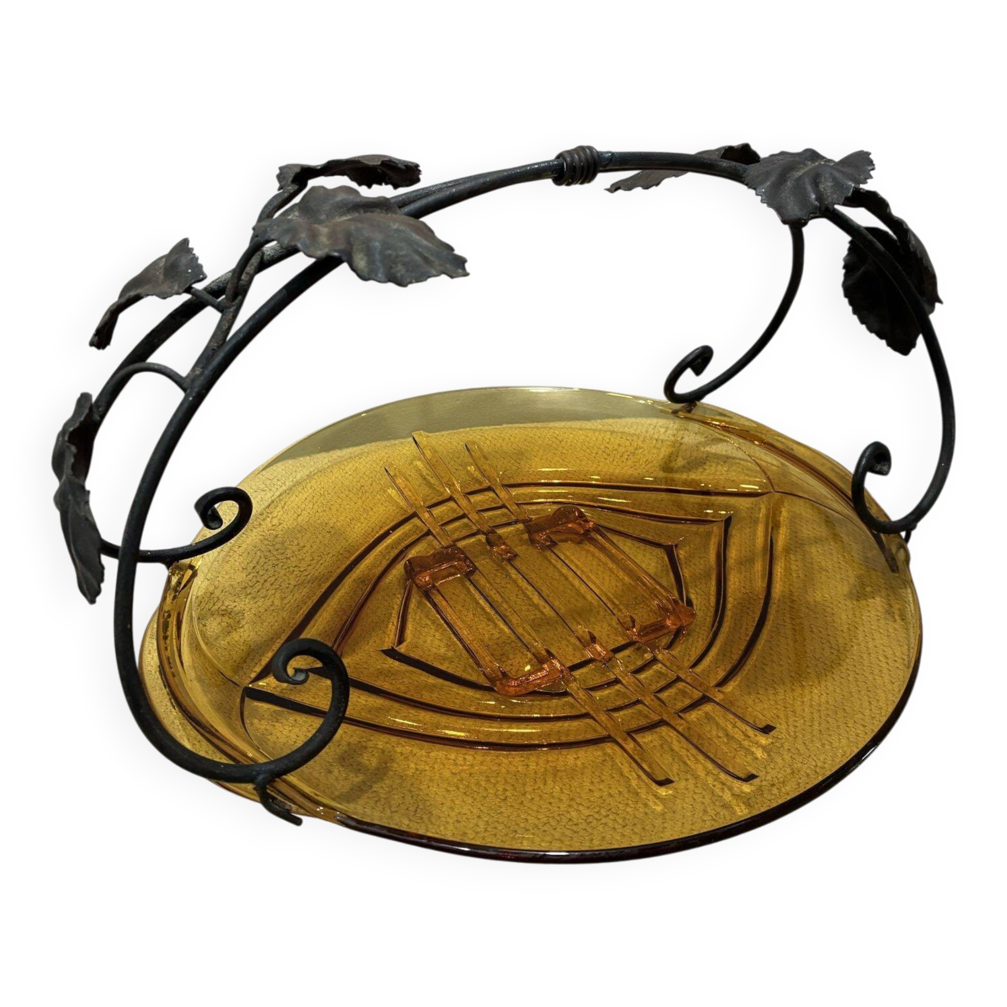 Val Saint Lambert amber glass bowl, Candide series, metal leaf mount