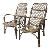 Pair Mid-Century 1960s Vintage Rattan Bamboo Lounge Arm Chairs