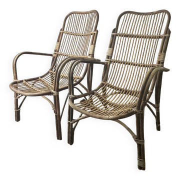 Paire de chaises de salon en rotin et bambou vintage des années 1960