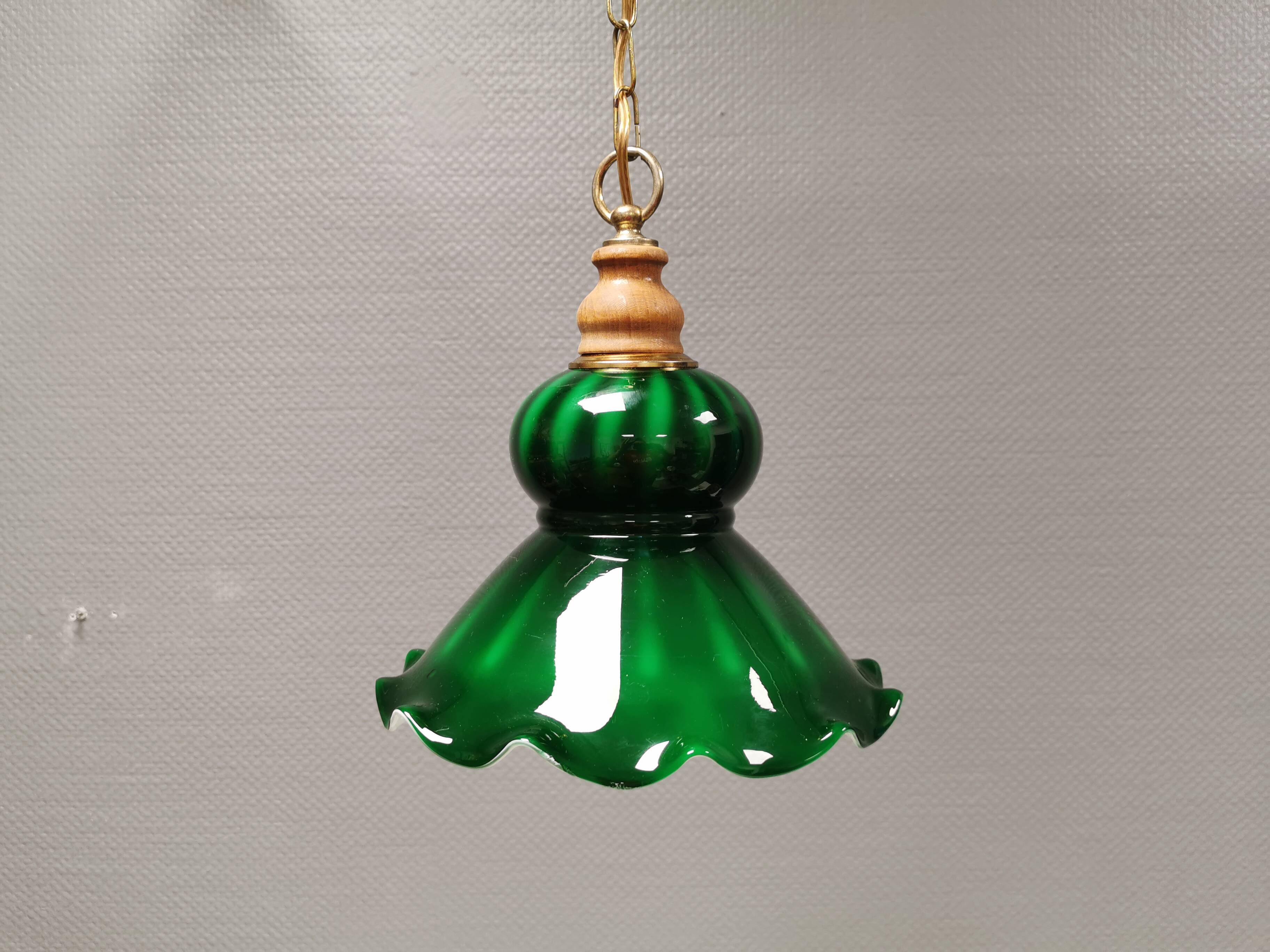 green hanging lamp in double layer glass (white inside) with wooden top and safety chain,