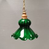green hanging lamp in double layer glass (white inside) with wooden top and safety chain,