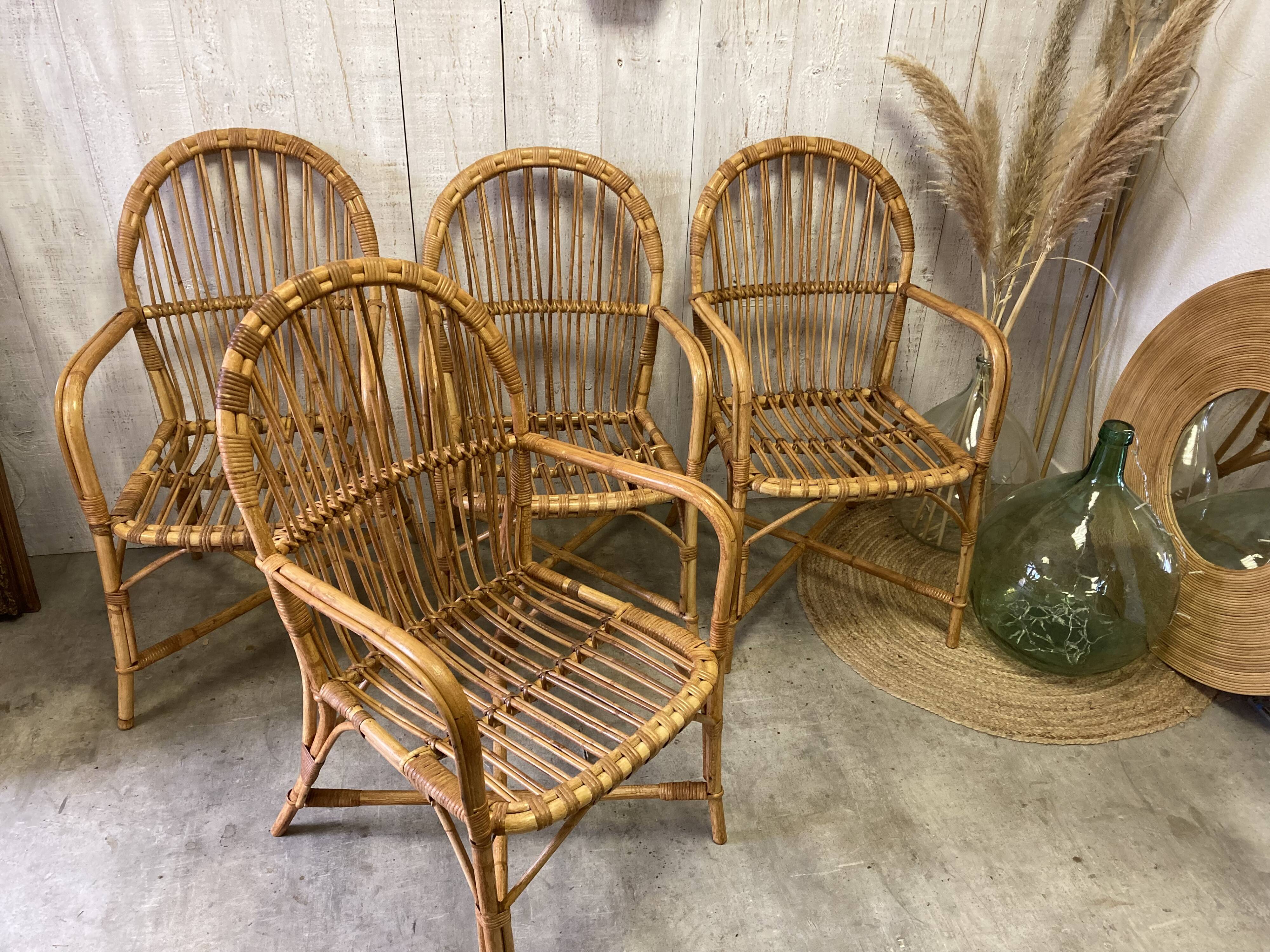 Série de 4 fauteuils rotin vintage