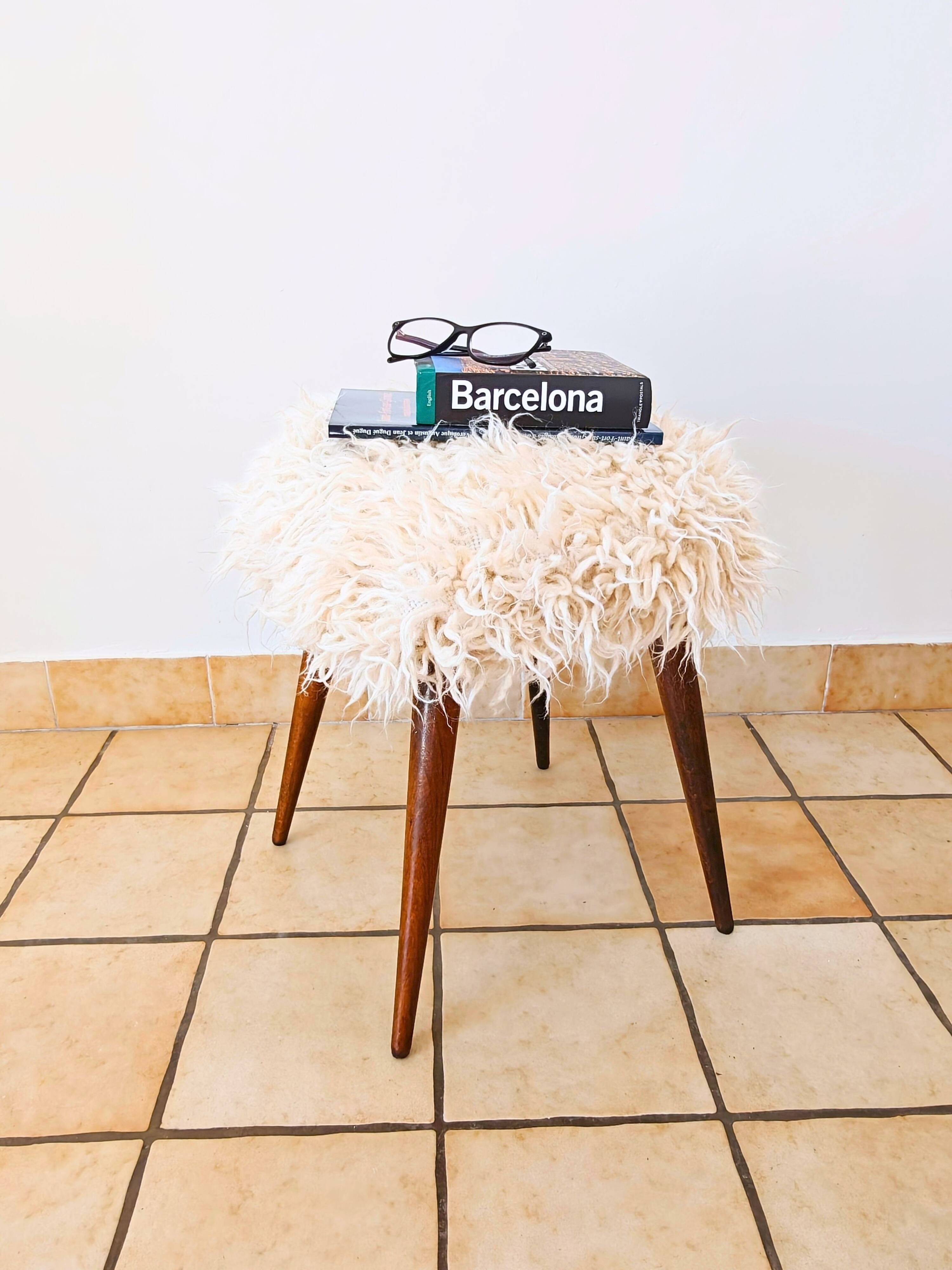 Mid-Century stool with splayed legs in genuine wool
