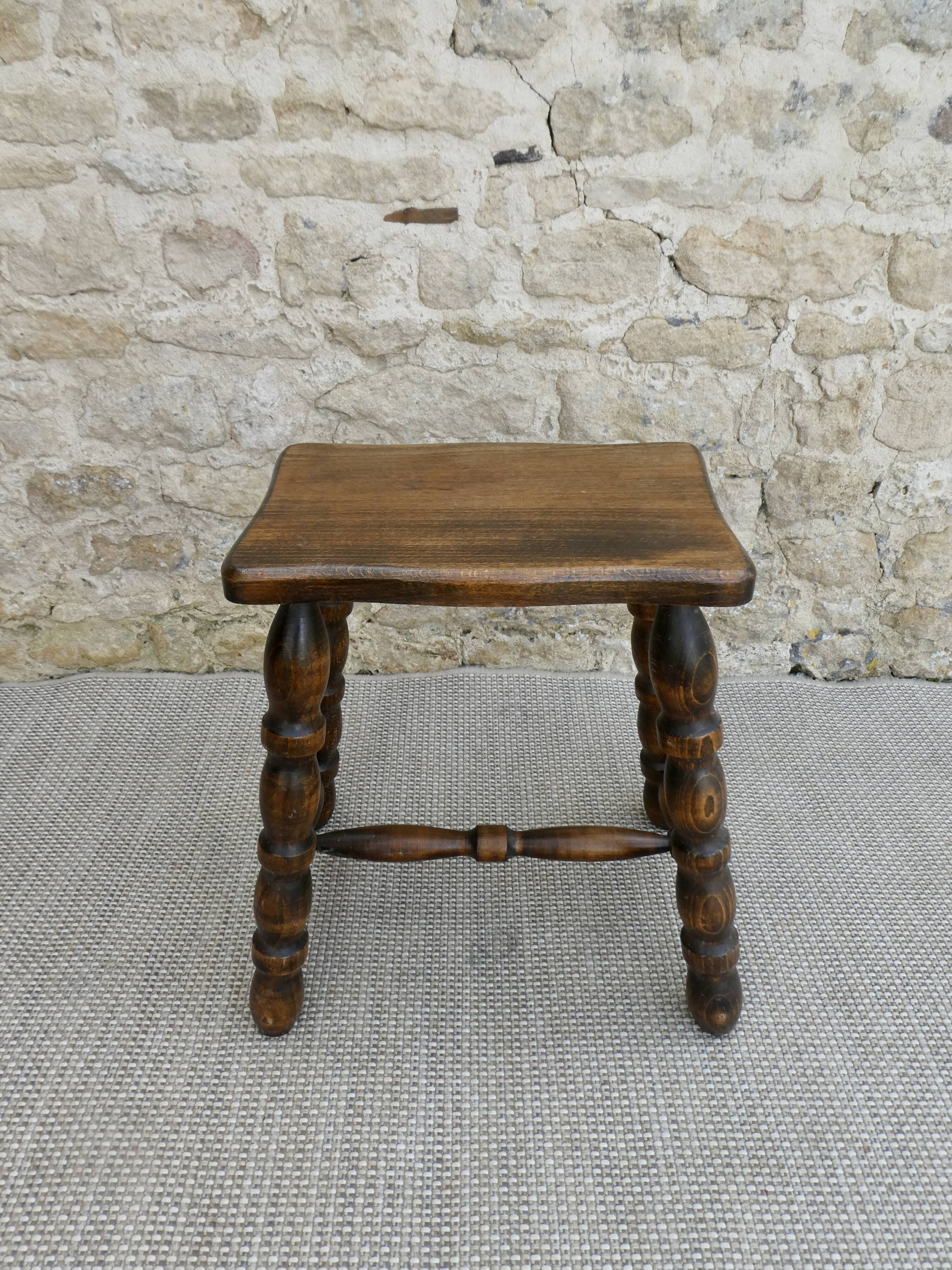 Solid wood stool, carved legs, 60s