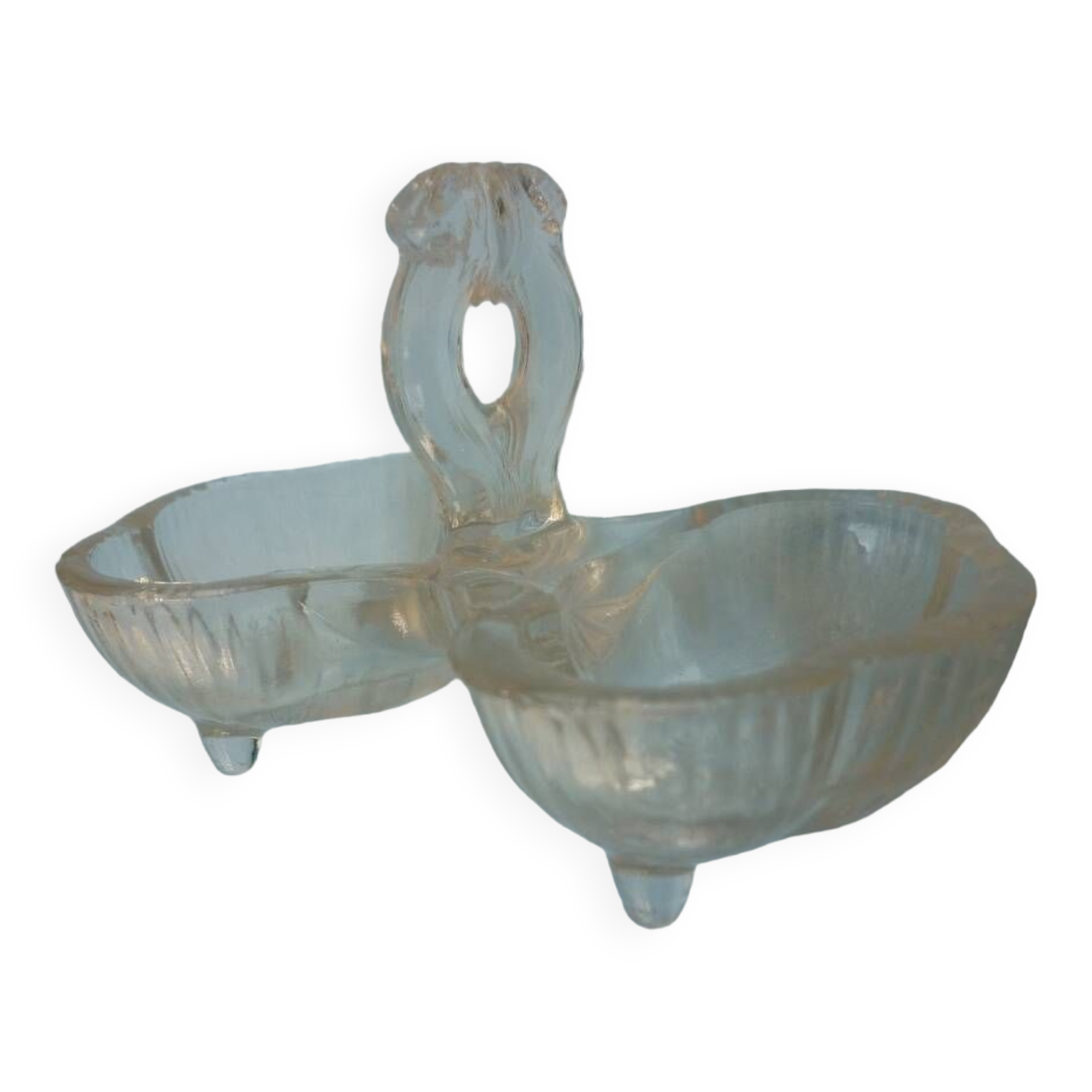 Molded glass salt and pepper service on feet