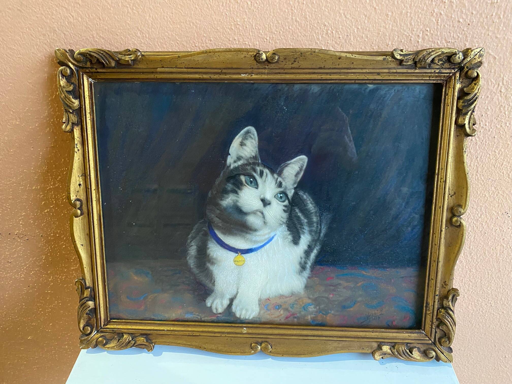 Animal painting cat minouche in gouache signed morris 1934 wooden frame