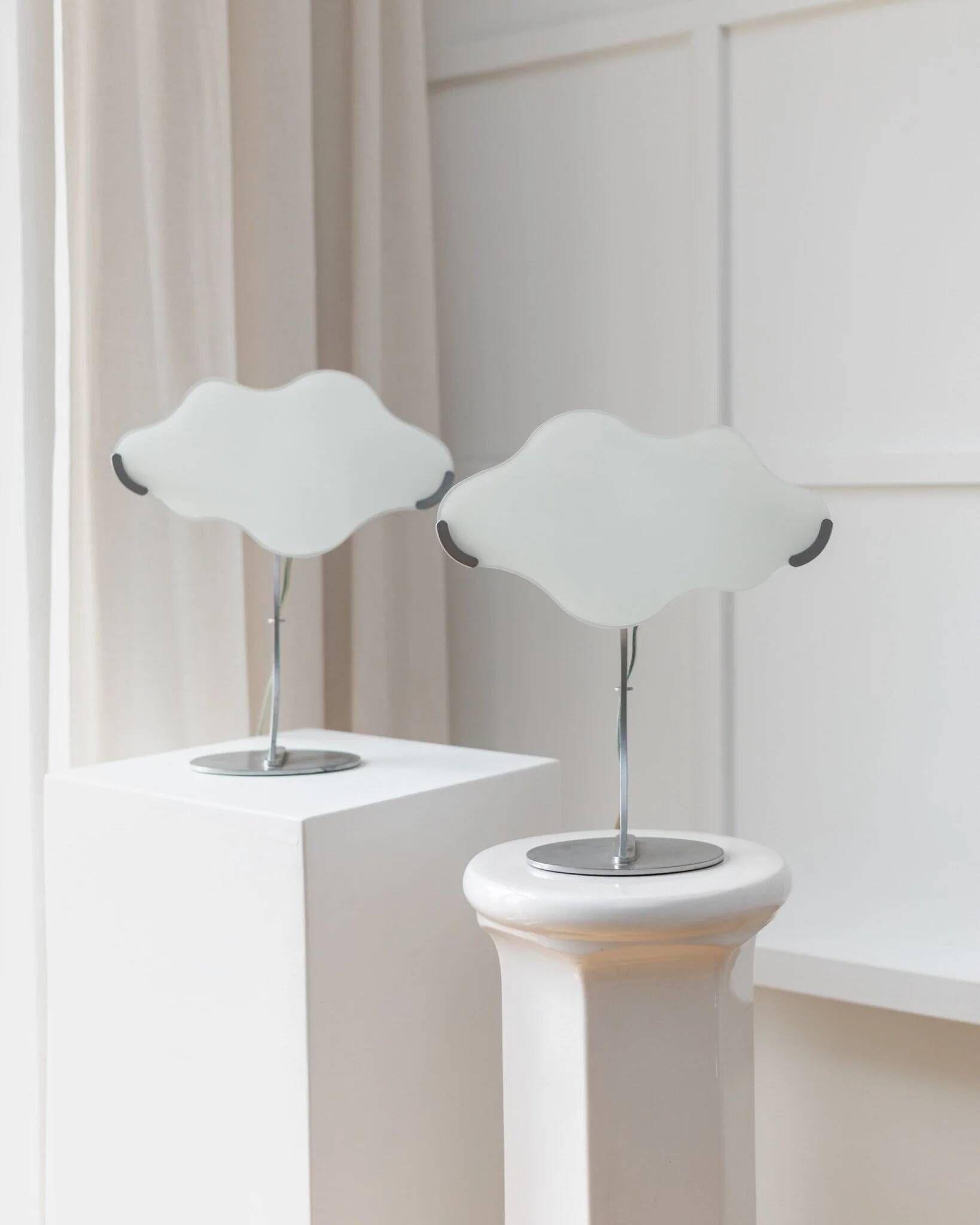 Pair of White Murano Glass Cloud Table Lamps with Chrome Stems, Italy 1980s