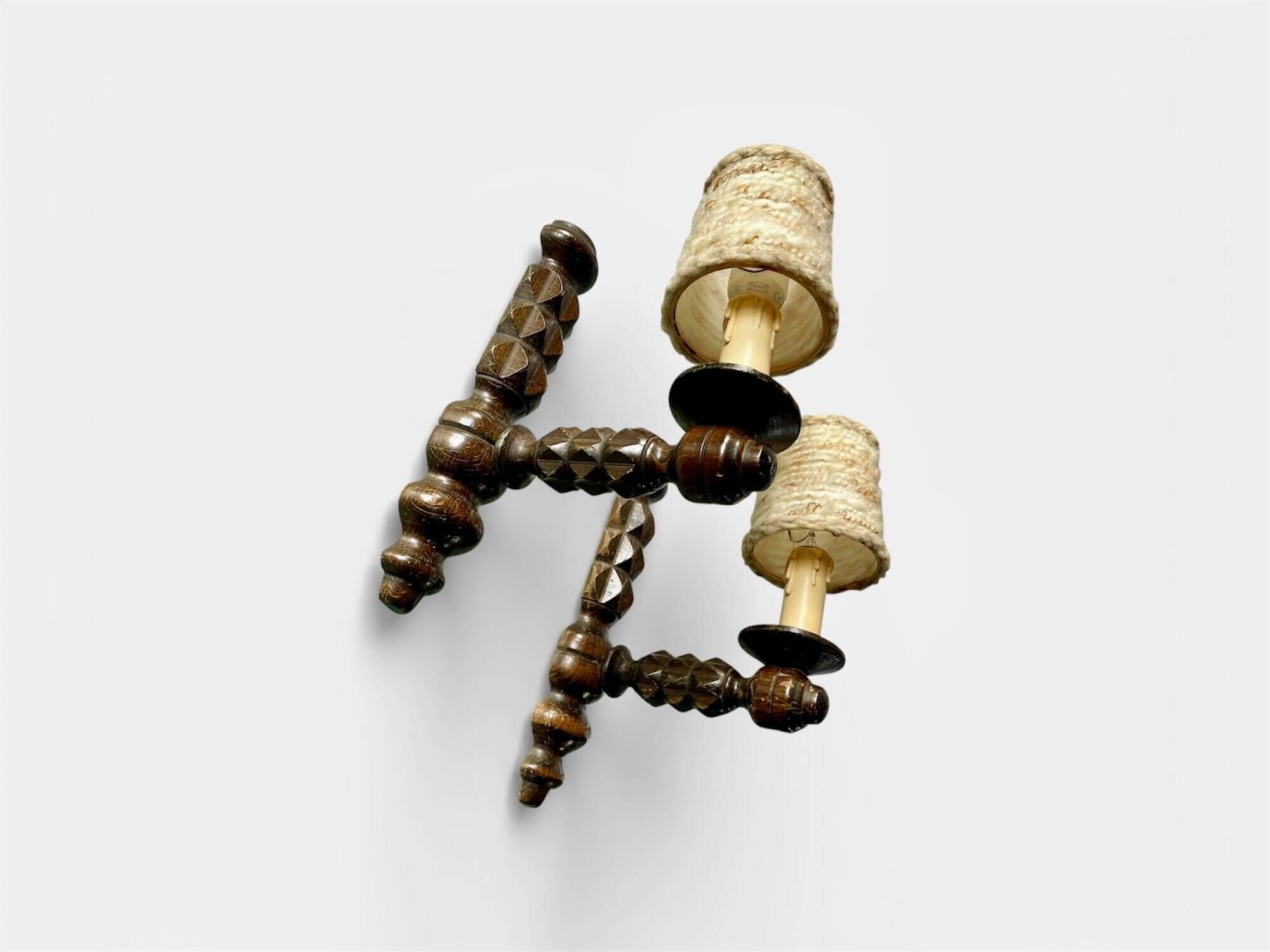Pair of turned wooden wall lights, France 1940