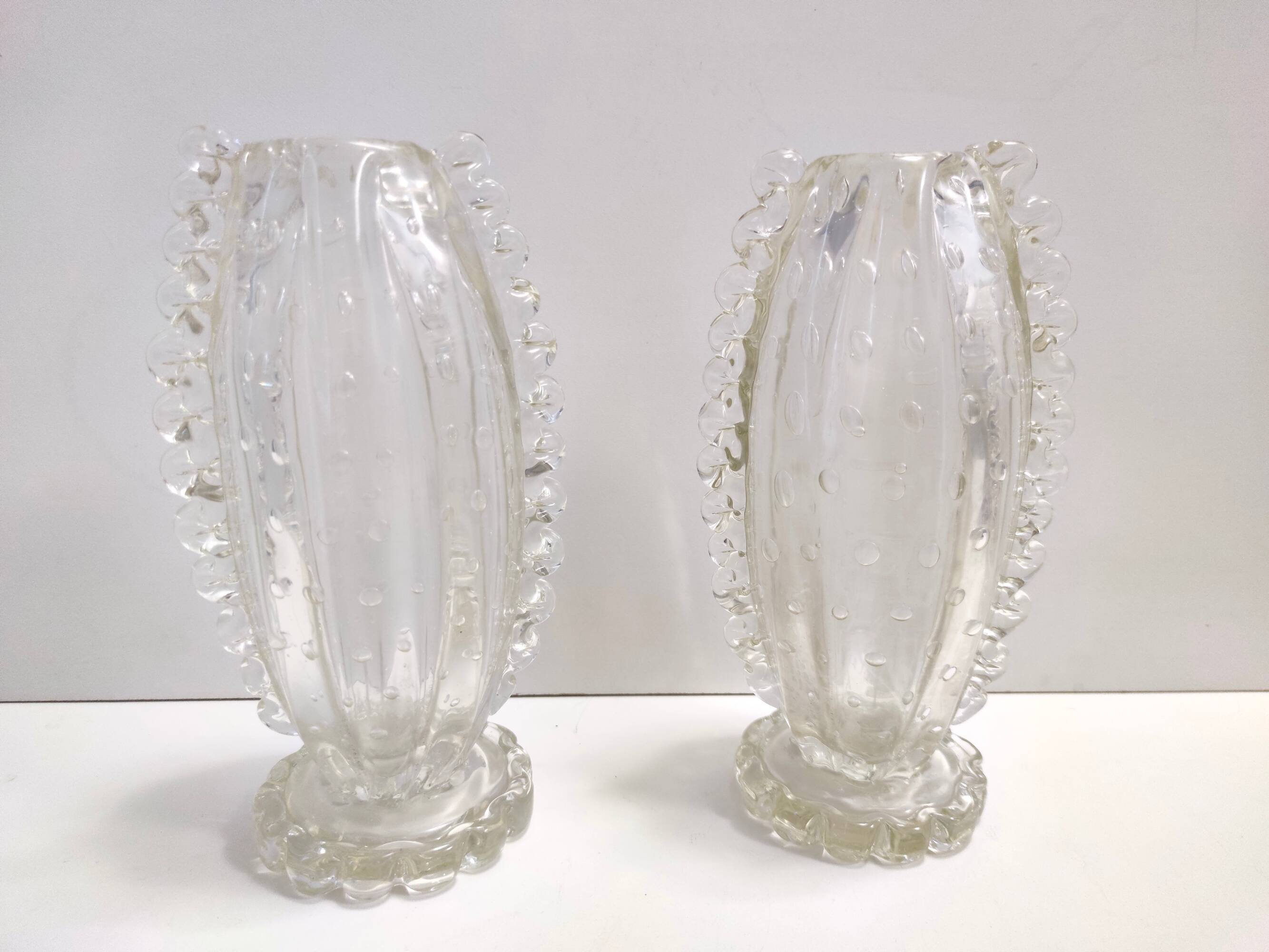 Vintage Pair of Transparent Bullicante Murano Glass Vases by Ercole Barovier