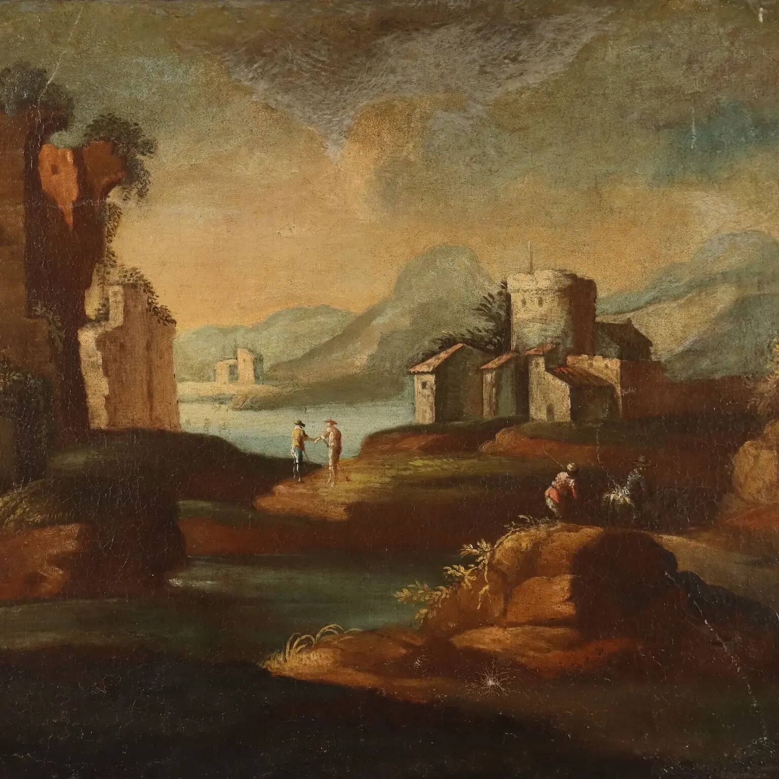 Old painting landscape with figures, oil on canvas, 18th century