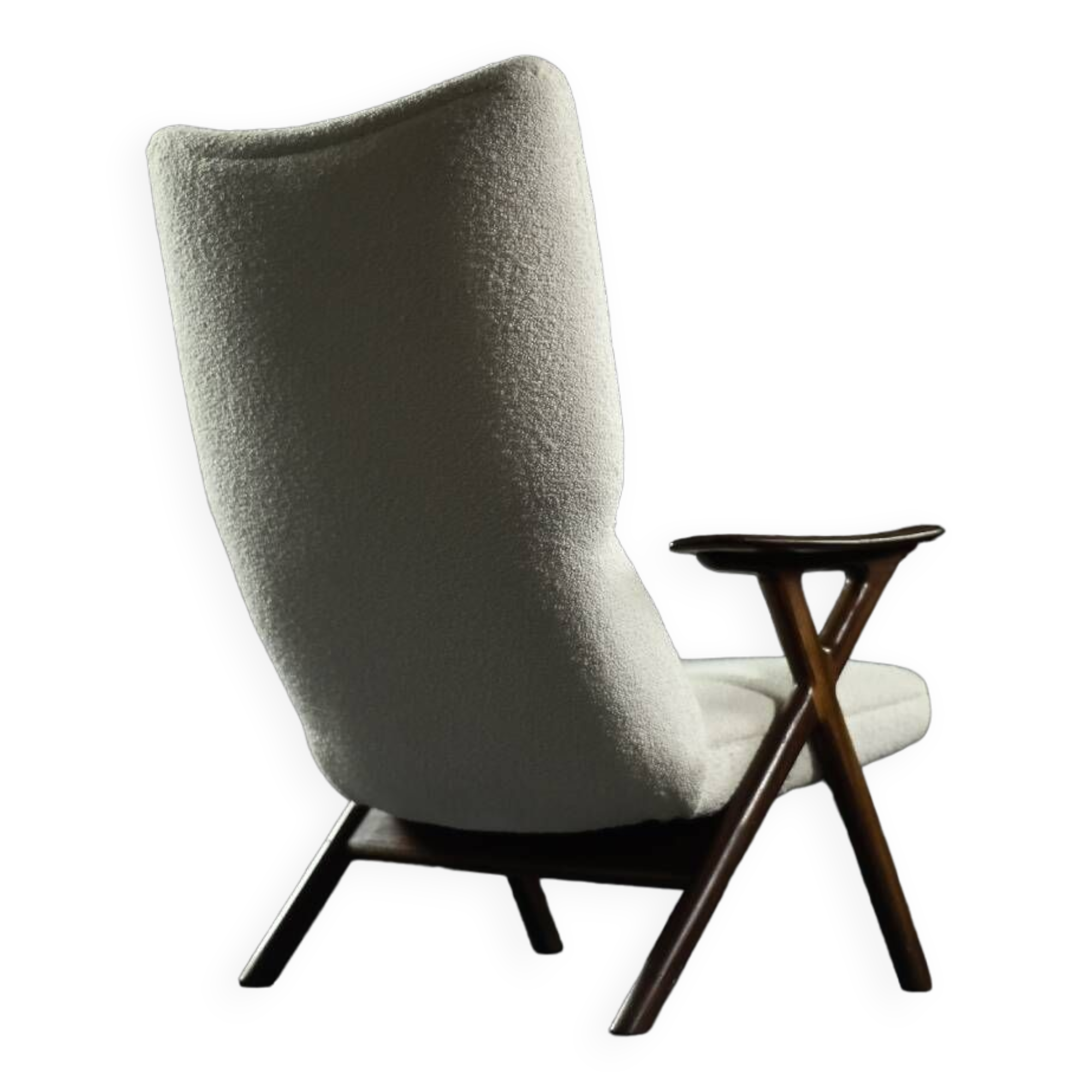 Fauteuil haut de salon vintage en teck et tissu bouclé blanc du milieu du siècle norvégien, années 1960