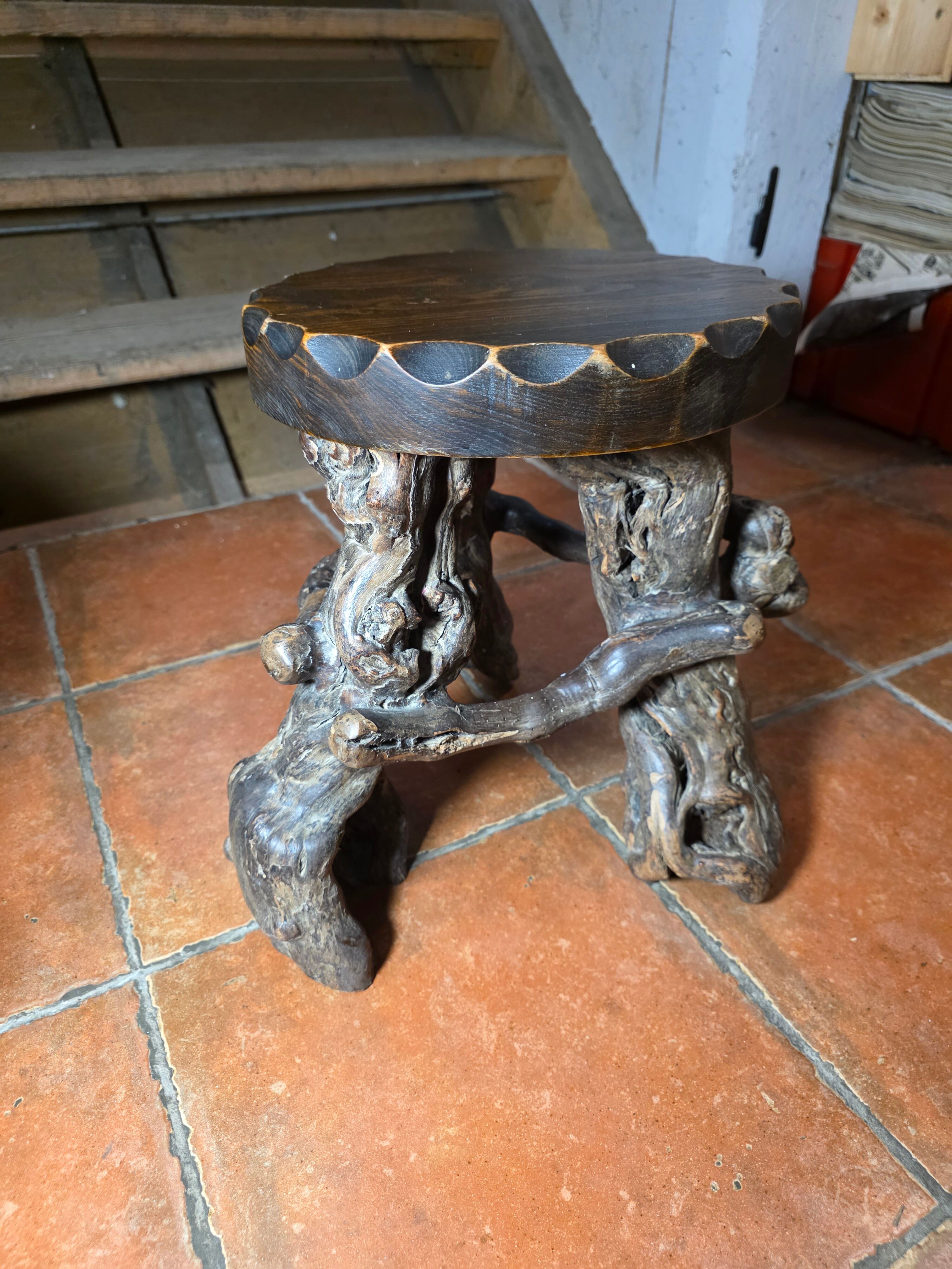 Pair of tripod stools with vine legs, oak top.