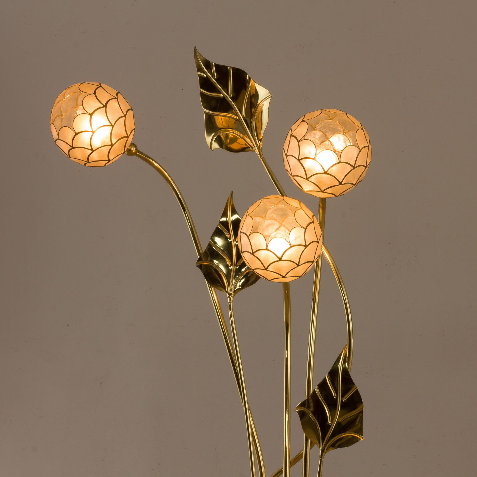 Brass floor lamp in the style of Tommaso Barbi with floral ornaments