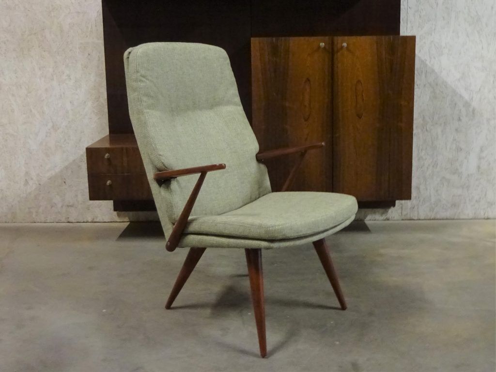 Teak armchair colored by Cor Alons for Firma C. Den Boer Gouda covered with green fabric Reseda mixture
