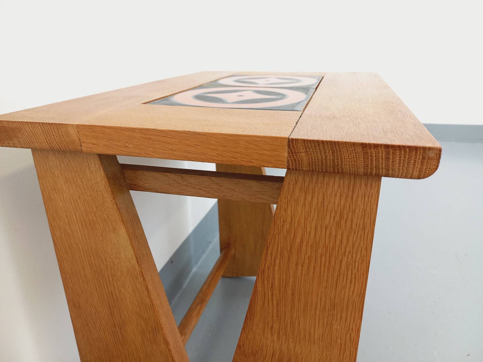 Vintage Guillerme and Chambron coffee and side table in solid oak and ceramic from the 50s and 60s