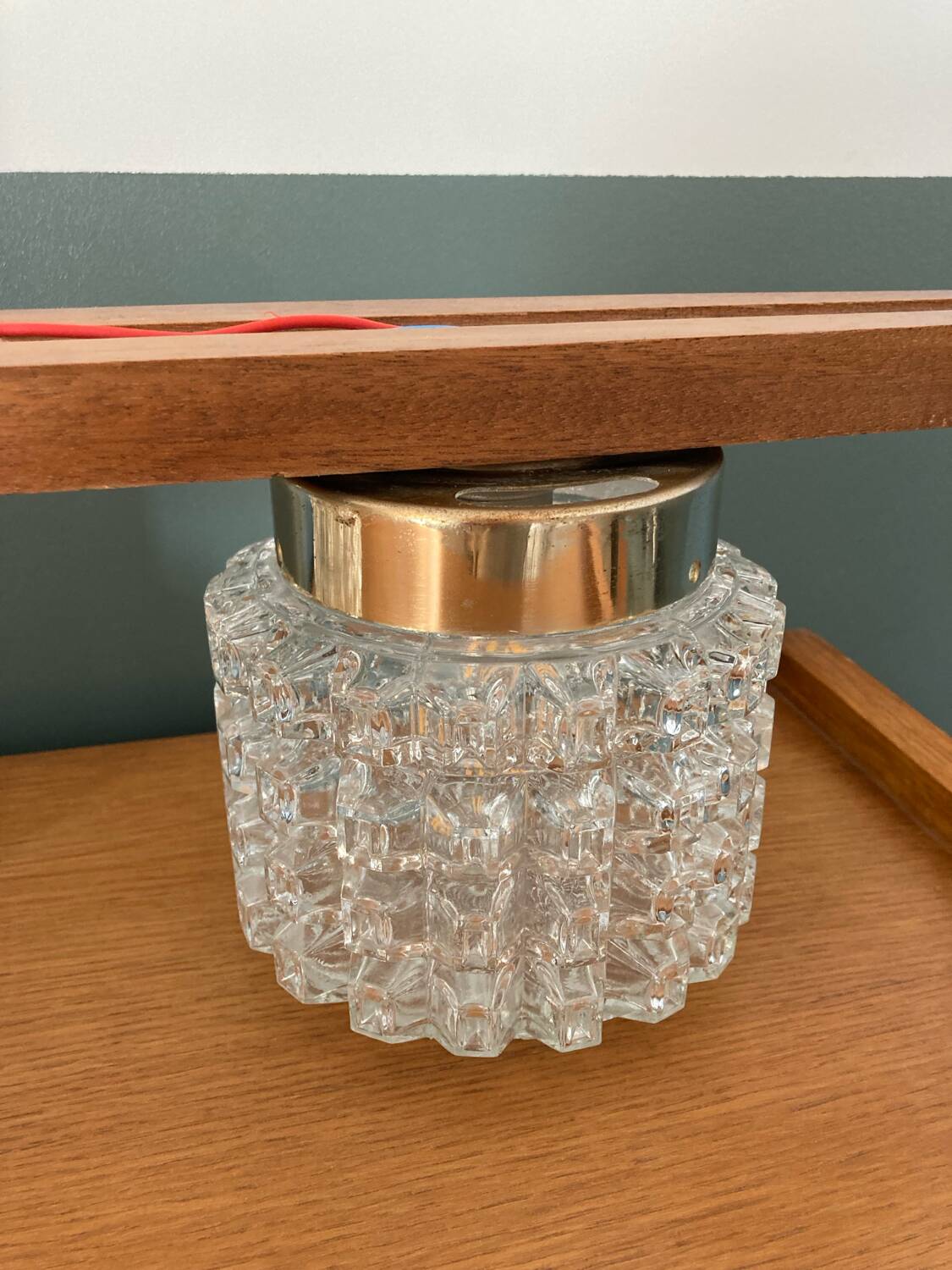 Vintage teak, brass and glass chandelier