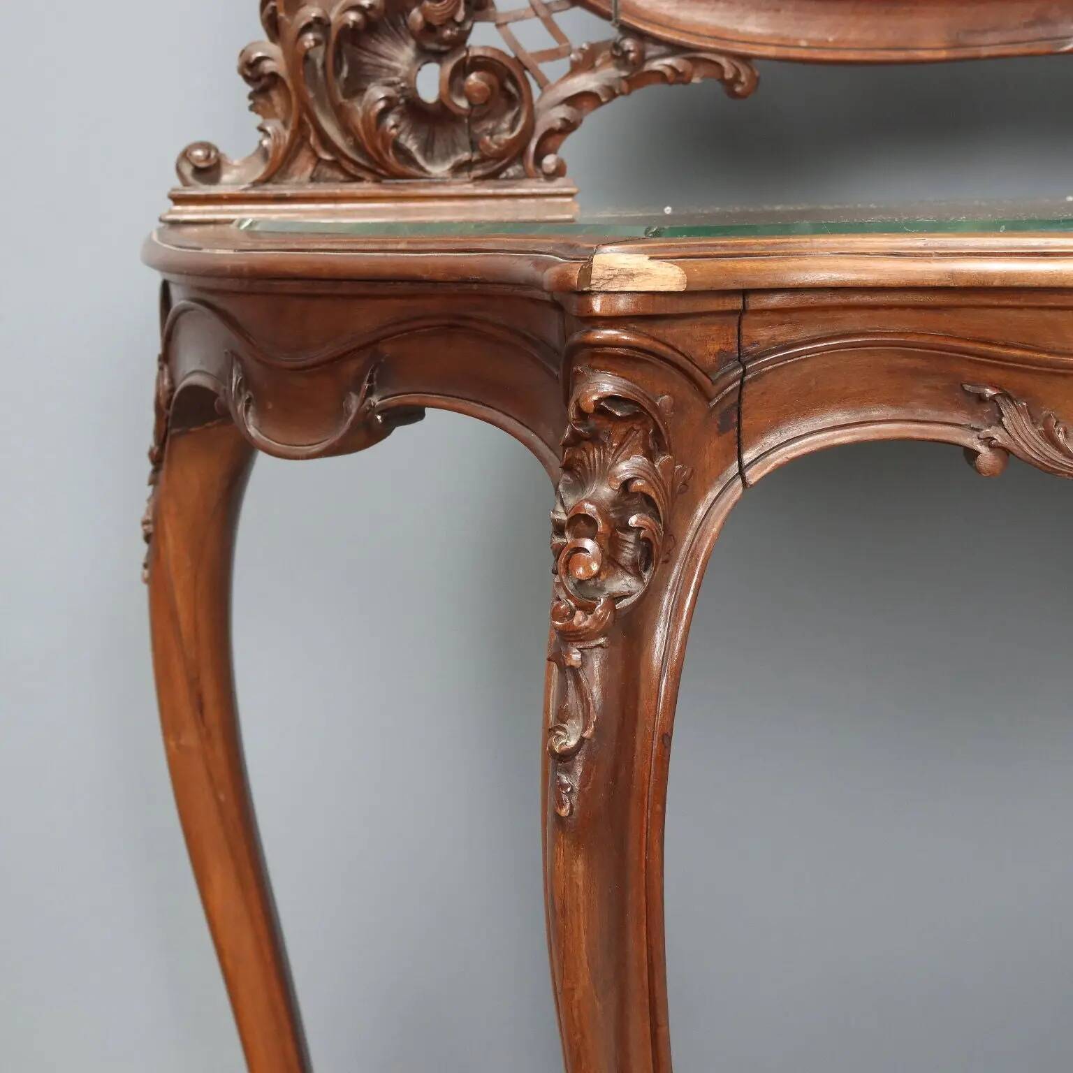 Antique console in mahogany, velvet and glass, Italy, 19th century.