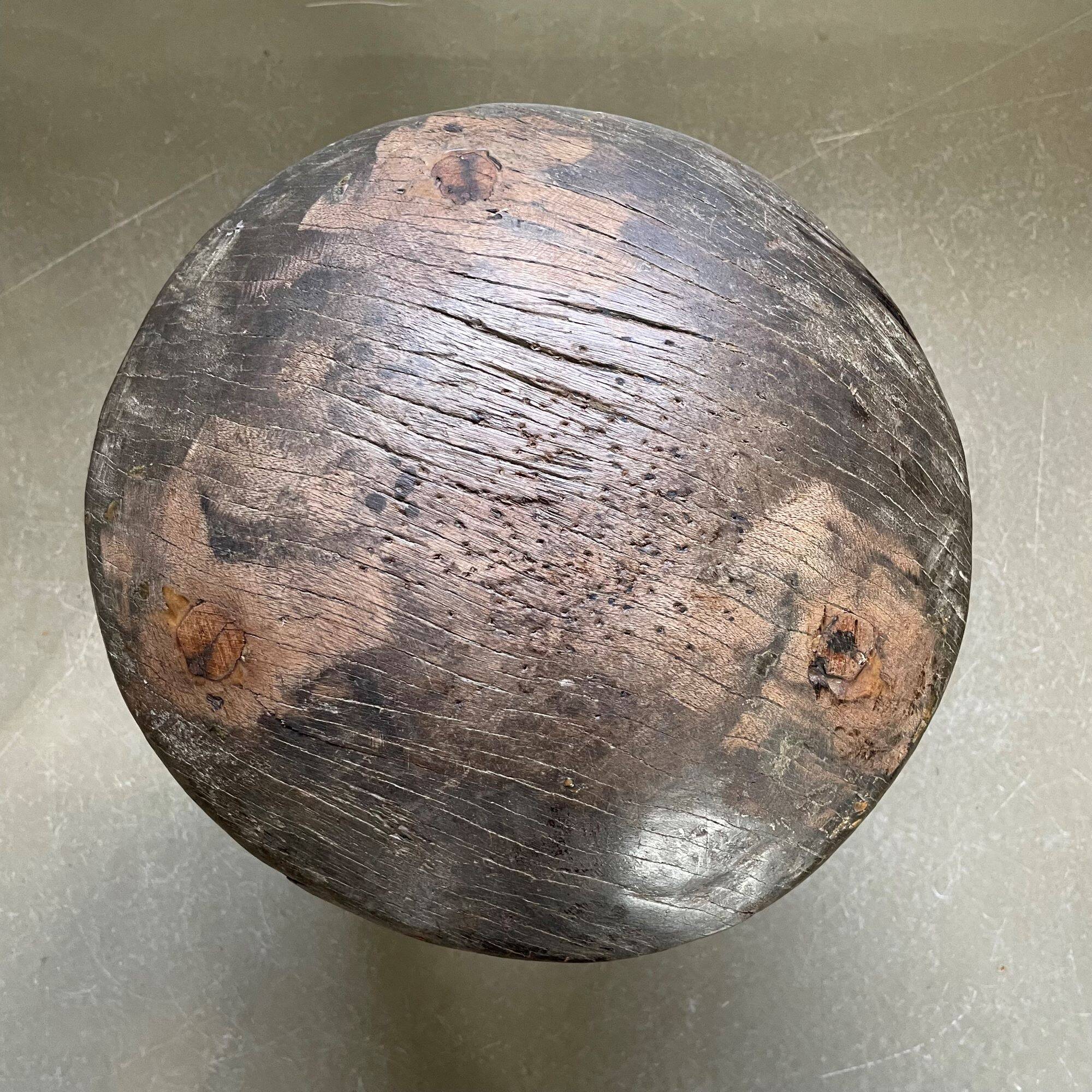 Antique tripod wooden stool, brutalist, wabi sabi style