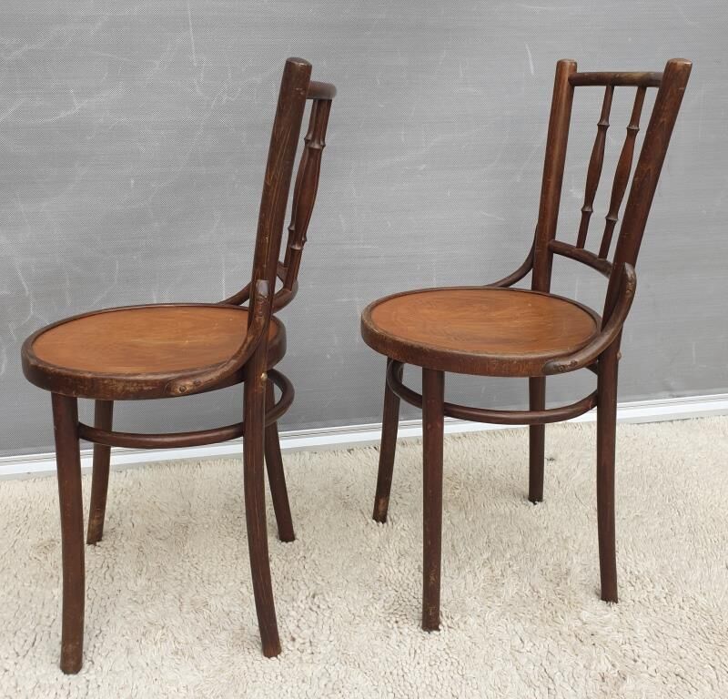 Pair chairs bistrot Thonet pyrograved design 1900 Art Nouveau