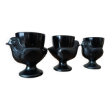 3 egg cups with black opaline glass hens Arcoroc 1980