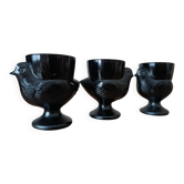 3 coquetiers poules verre opalin noir Arcoroc 1980