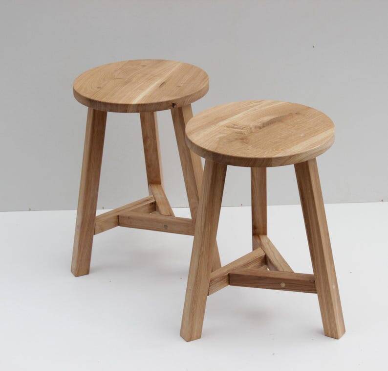 Oak stool with round seat and three legs, minimalist stool with tr