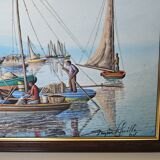 Oil painting on canvas Fishing port in Africa signed Raymond Lafaille