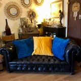 Canapé Chesterfield en cuir noir véritable 3 places