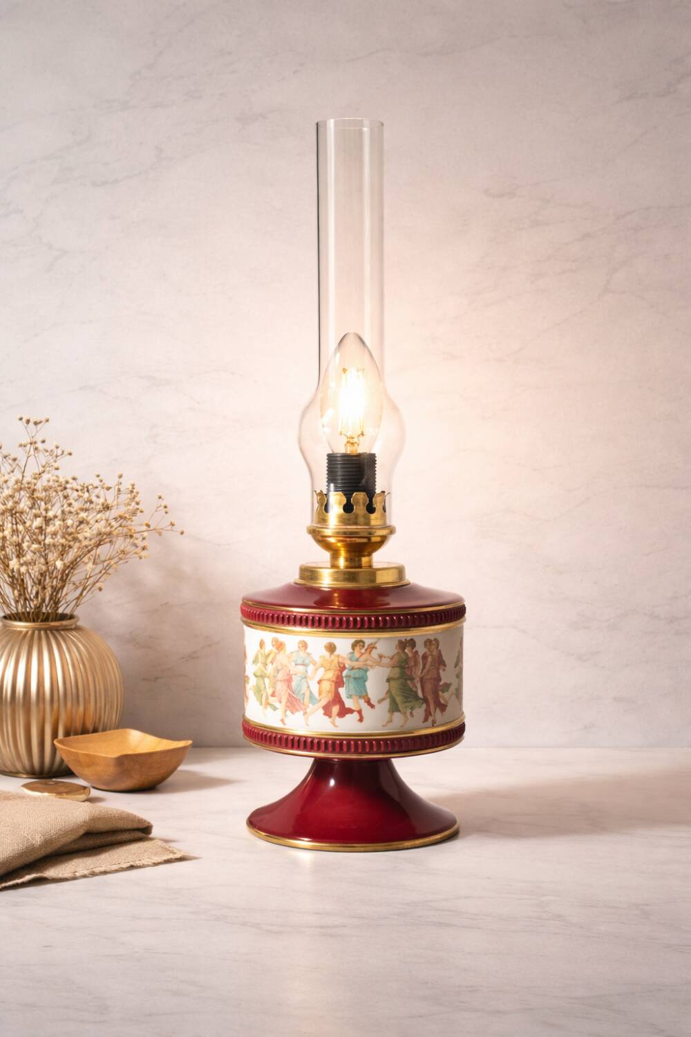 Florentine lamp in burgundy and gold porcelain signed Num 19