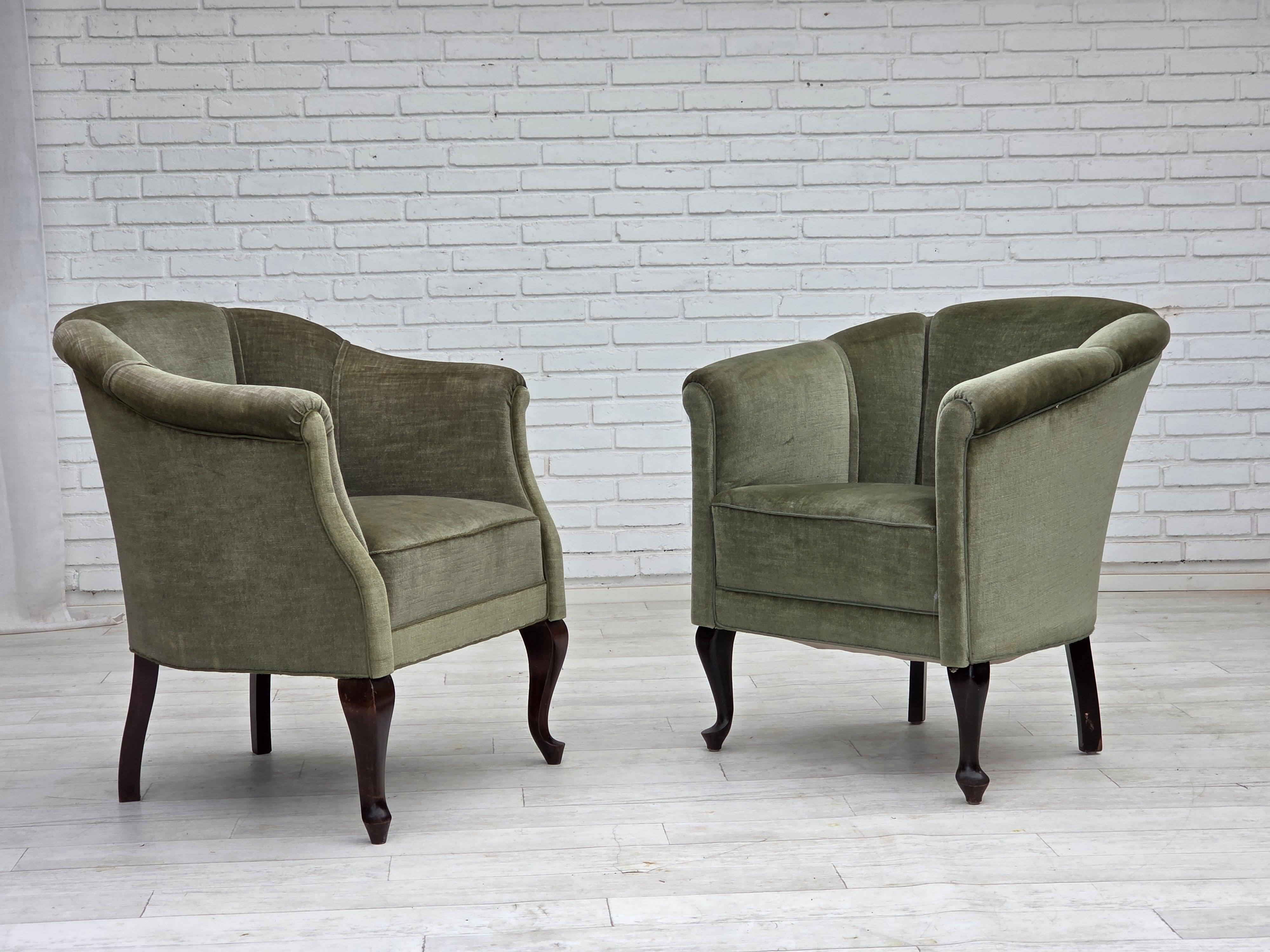 1960s, Danish armchair, green furniture velour, beech wood legs.
