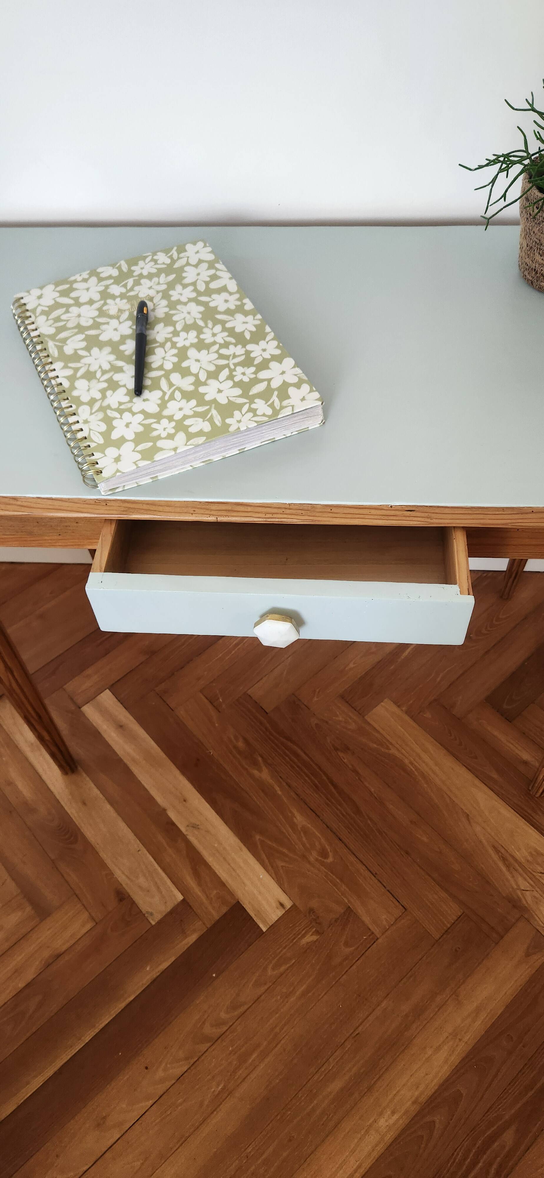 Small Blue Wooden Desk, Grooved Legs
