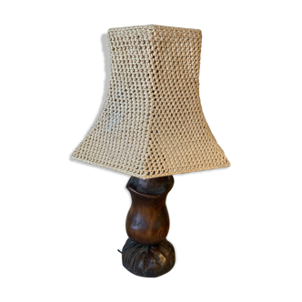 Lampe bois sculptée et tressée années 1980-1983