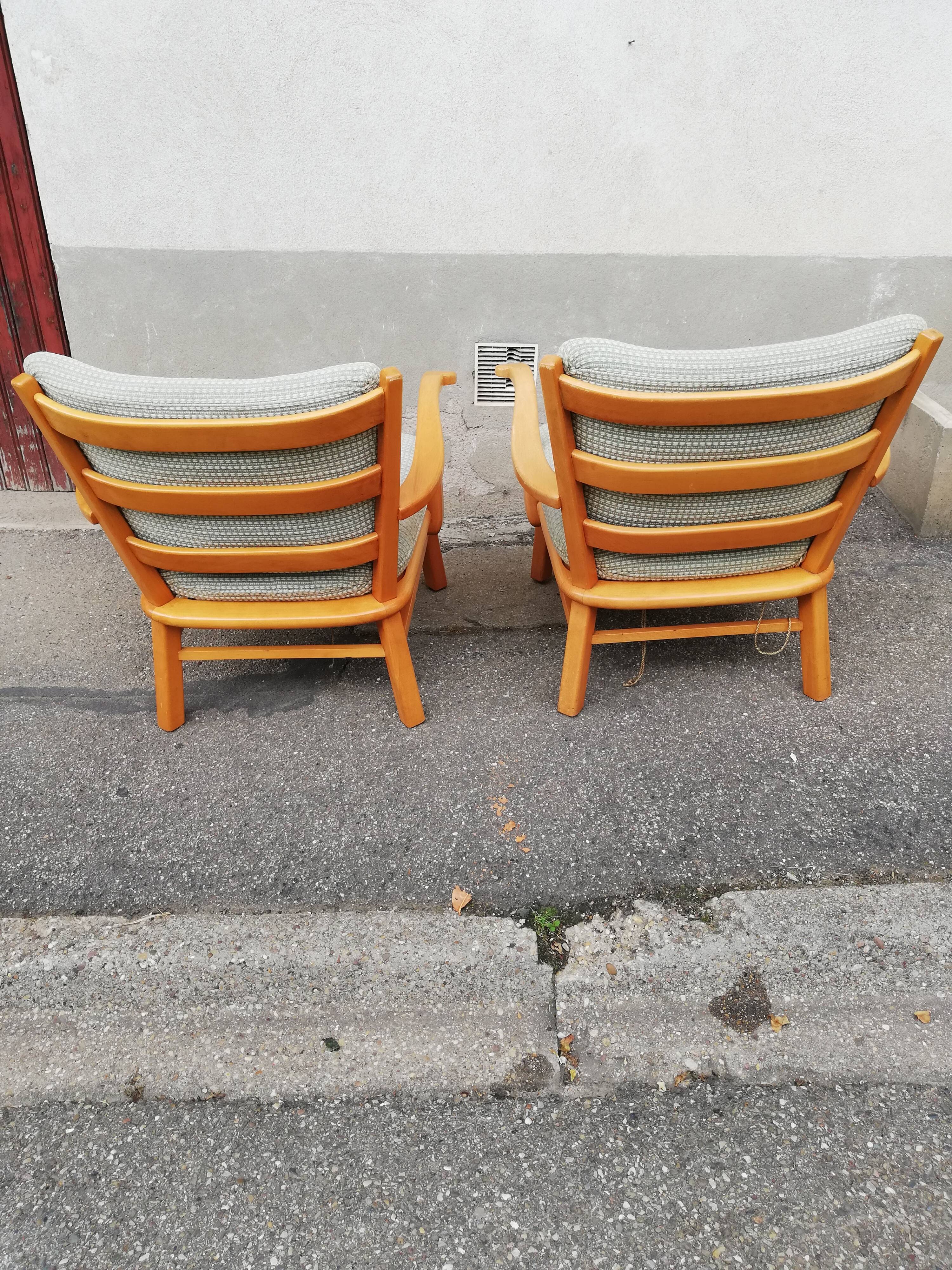 Pair of vintage pastel green fabric armchairs