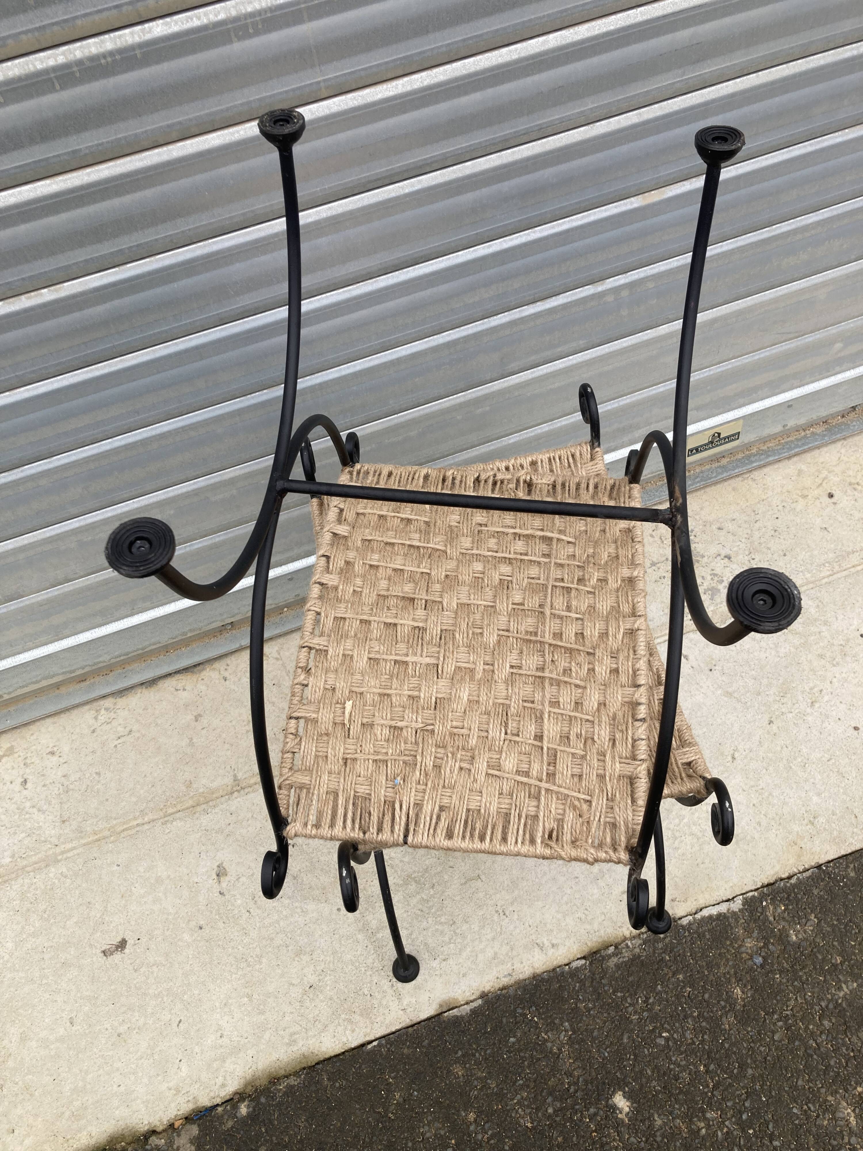 Paire de tabourets, curule  en fer forgé, tressage, chanvre
