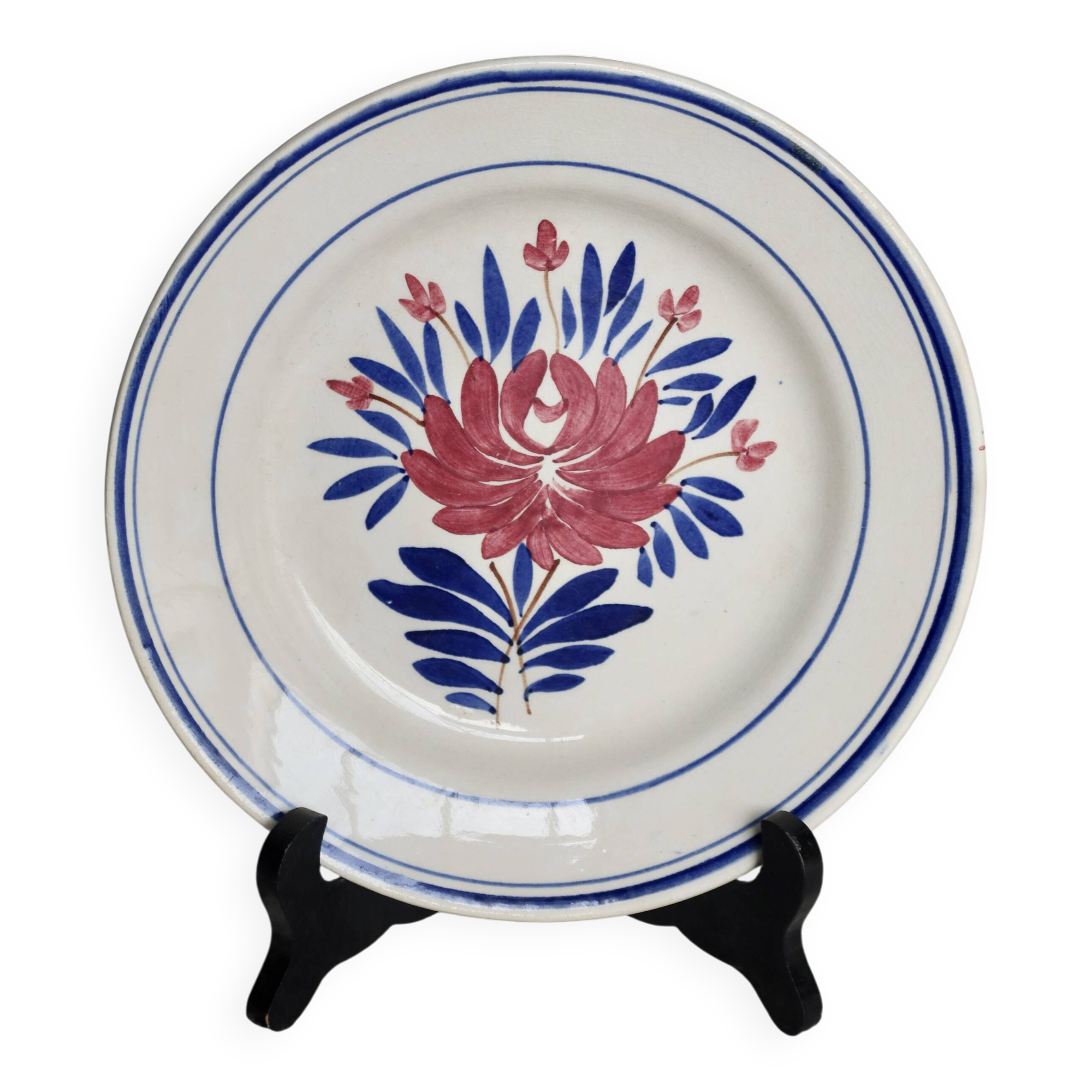Antique hollow plate from Gien - Red and blue floral decoration