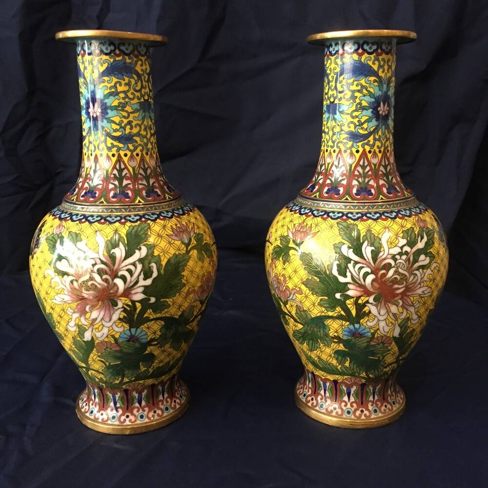 Pair of cloisonne enamel vases with japanese floral decor
