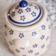 Vintage beige earthenware bonbonnière - Hand-painted blue floral decoration