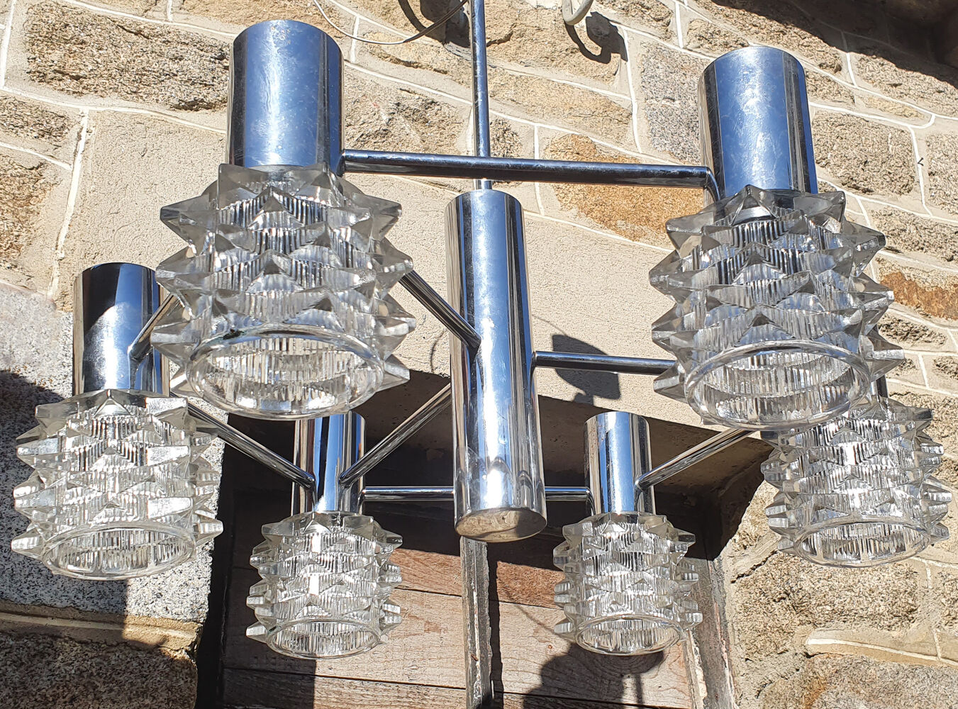 vintage chrome suspension and 6-light glass, vintage, 70s
