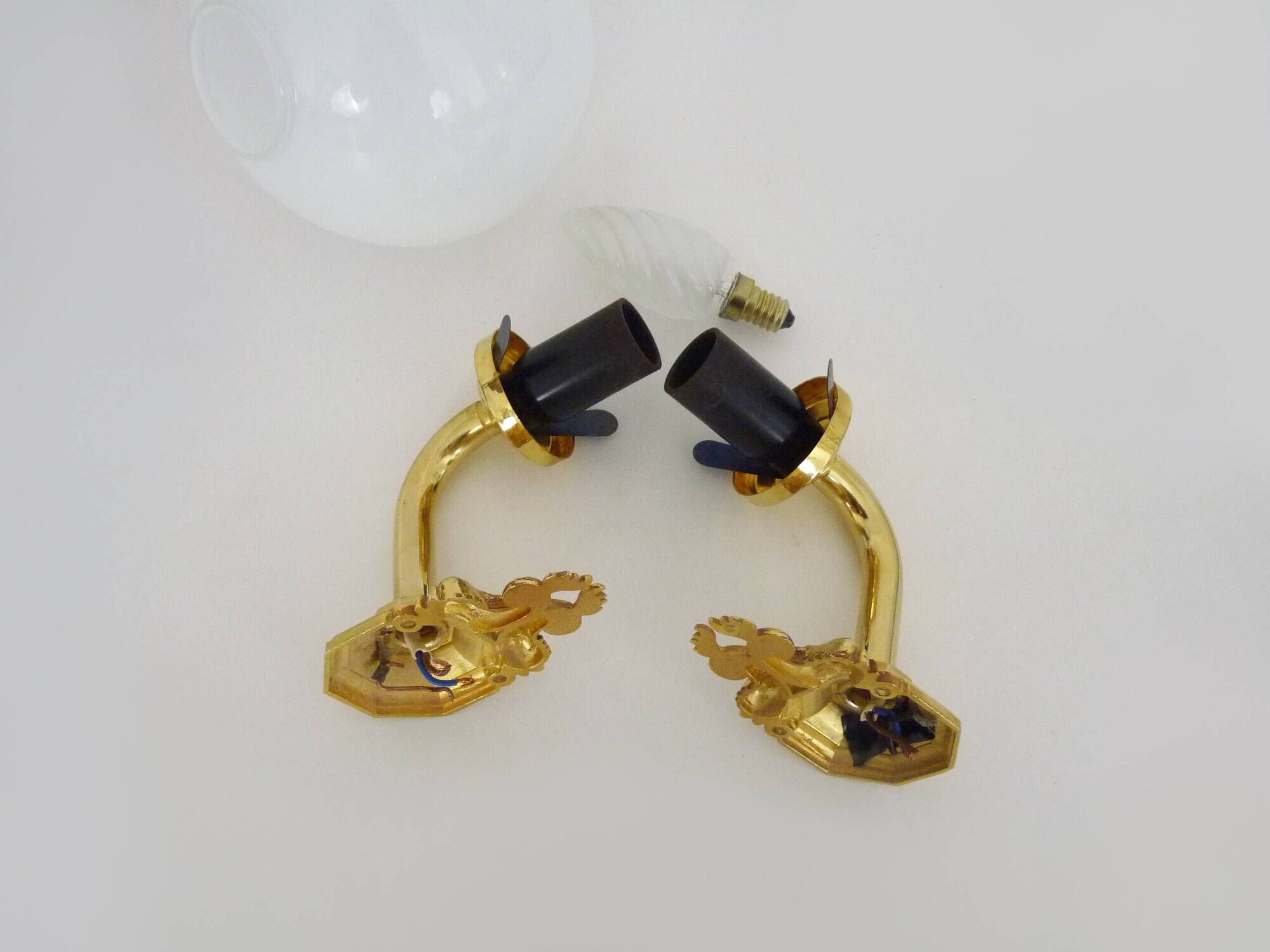 Pair of wall sconces with carp fish, brass and opaline globe.
