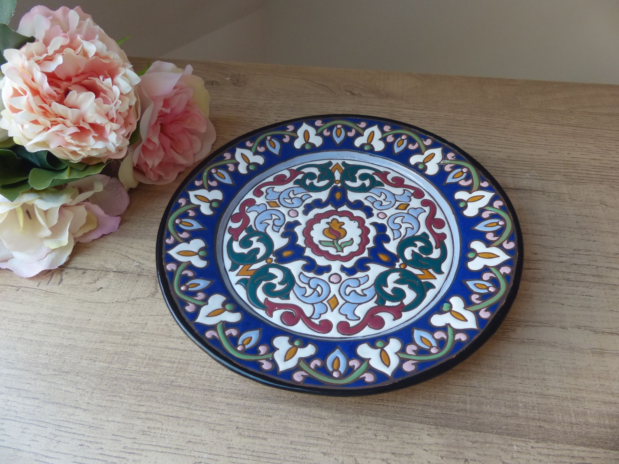 Antique faience plate with blue decoration stamped A. Alvarez, serving dish, appetizer plate.