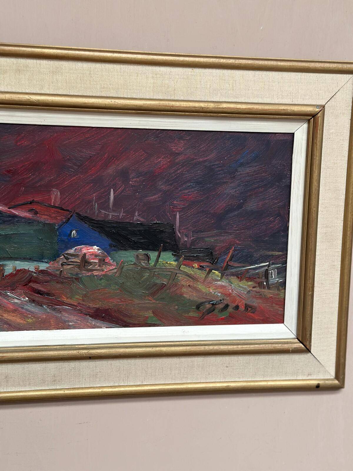 Original Swedish Oil on Panel – “Huts” – Vintage & Framed – 77 × 41 cm